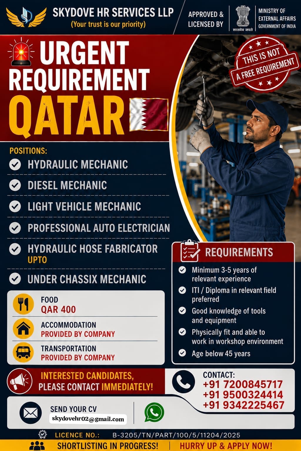 multiple Mechanic & Automotive positions — SKY DOVE HR SERVICES LLP, Qatar, Qatar