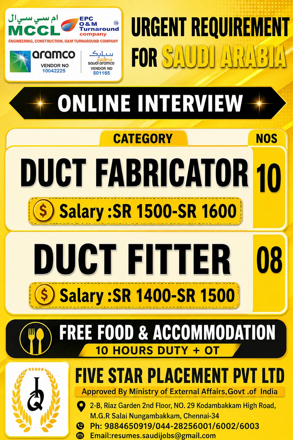 URGENT REQUIREMENT  FOR SAUDI ARABIA — Five Star Placement Pvt Ltd, SAUDI ARABIA, SAUDI ARABIA