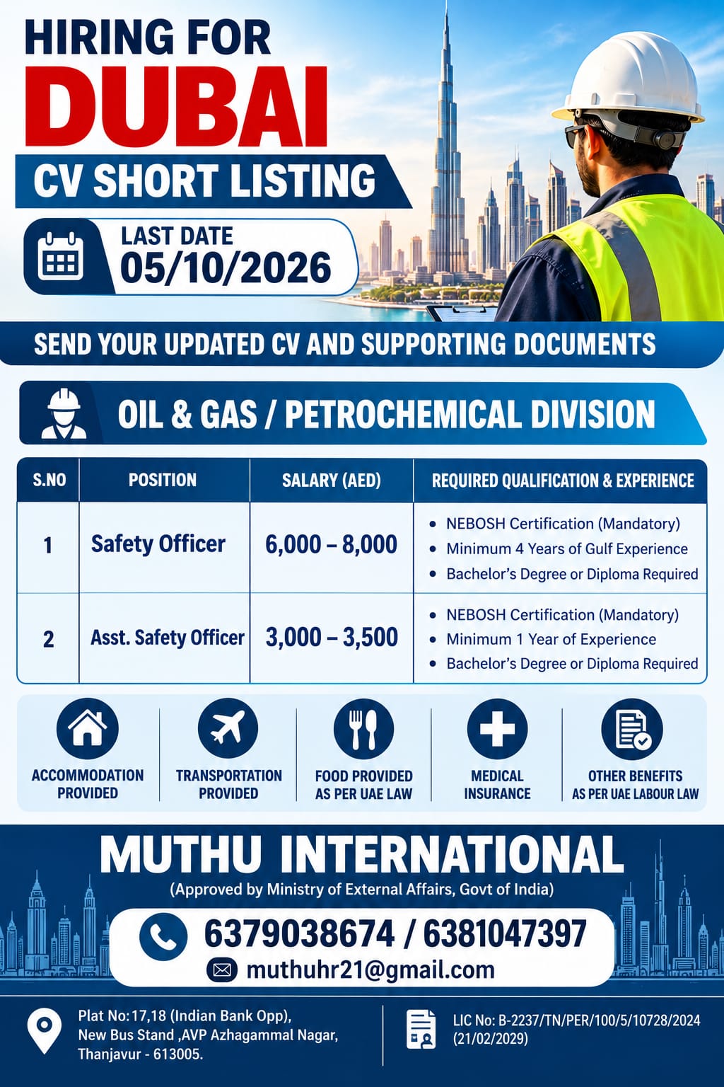 Safety Officer — MUTHU INTERNATIONAL, Dubai, Dubai