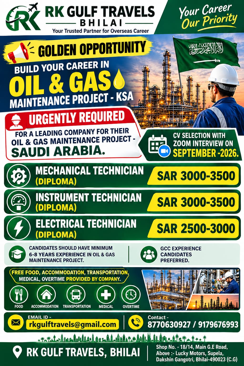 HIRING FOR A LEADING OIL & GAS MAINTENANCE COMPANY – SAUDI ARABIA. — RK GULF TRAVELS,BHILAI, SAUDI ARABIA