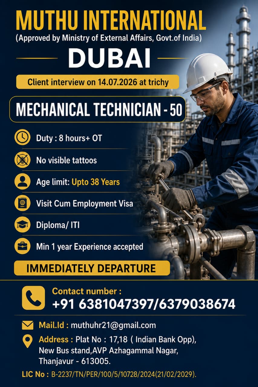 MECHANICAL TECHNICIAN-DIPLOMA/ITI — MUTHU INTERNATIONAL, DUBAI