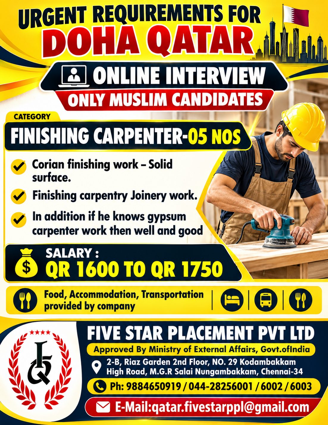 URGENT REQUIREMENTS FOR FINISHING CARPENTER — Five Star Placement Pvt Ltd, DOHA QATAR, DOHA QATAR