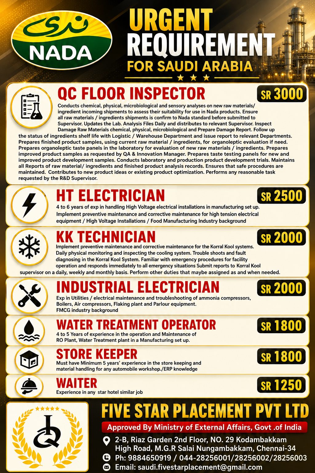 ALNADA  - URGENT REQUIREMENT FOR SAUDI ARABIA — Five Star Placement Pvt Ltd, SAUDI ARABIA