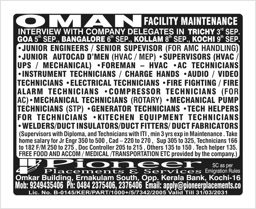 SUPERVISORS AND TECHNICIANS FOR FACILITY MAINTENANCE