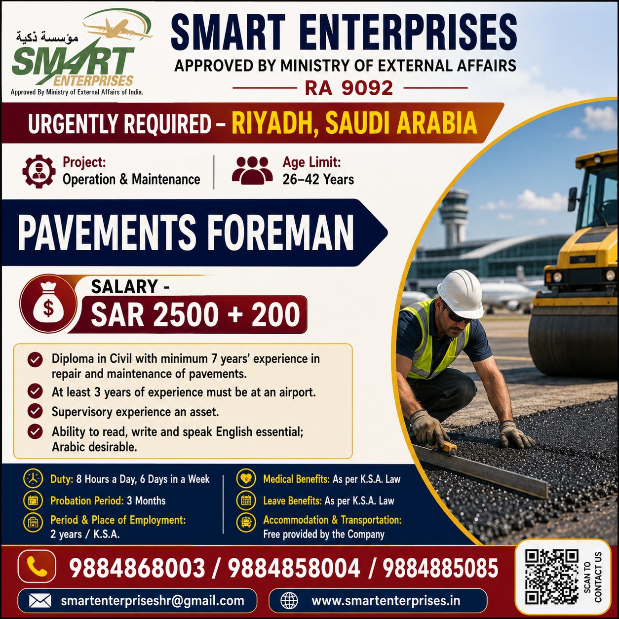 PAVEMENTS FOREMAN — smartenterpriseshr@gmail.com, SAUDI ARABIA, SAUDI ARABIA