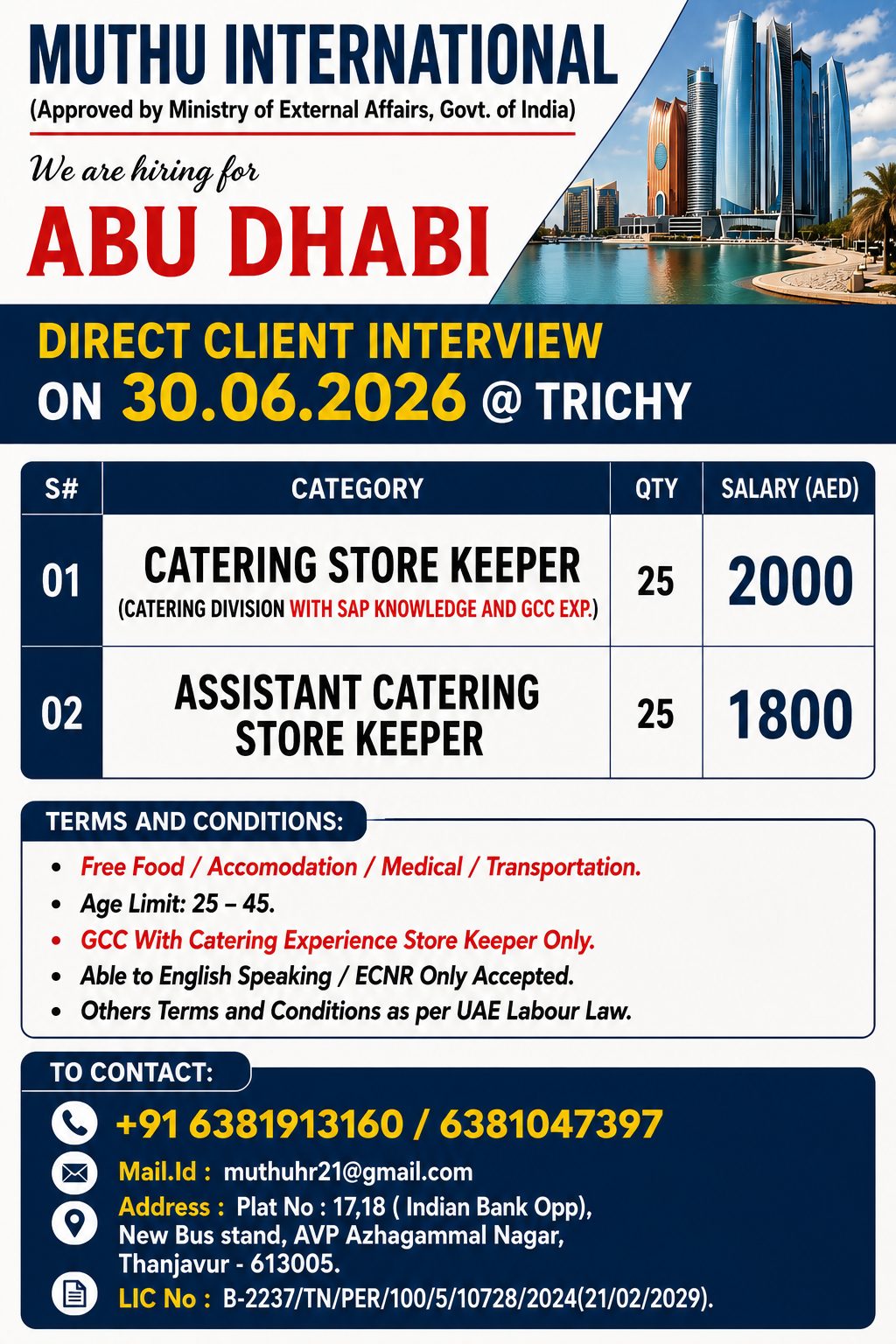 Store keeper — MUTHU INTERNATIONAL, Abu Dhabi