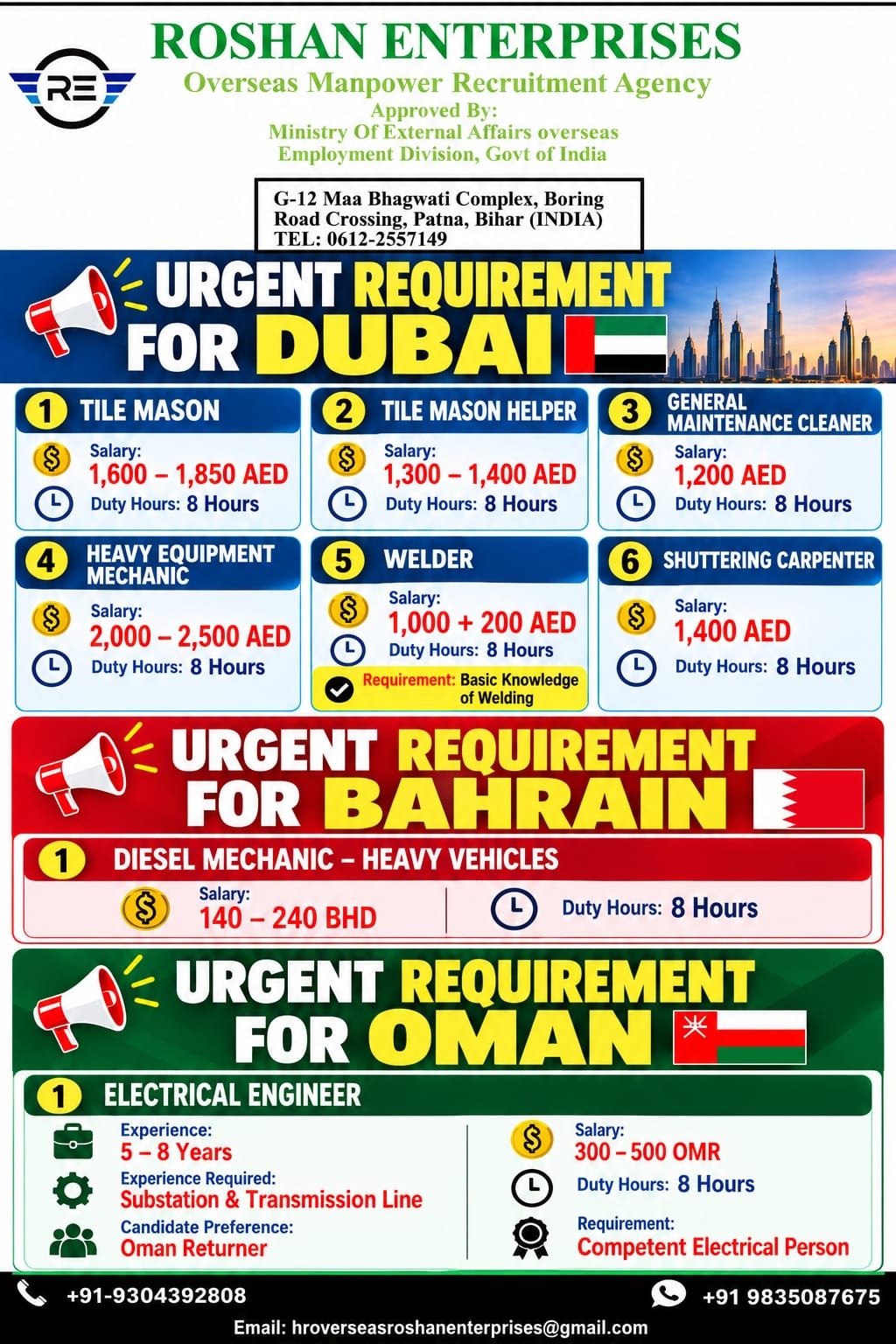 Urgent Recruitment for Dubai, Bahrain & Oman