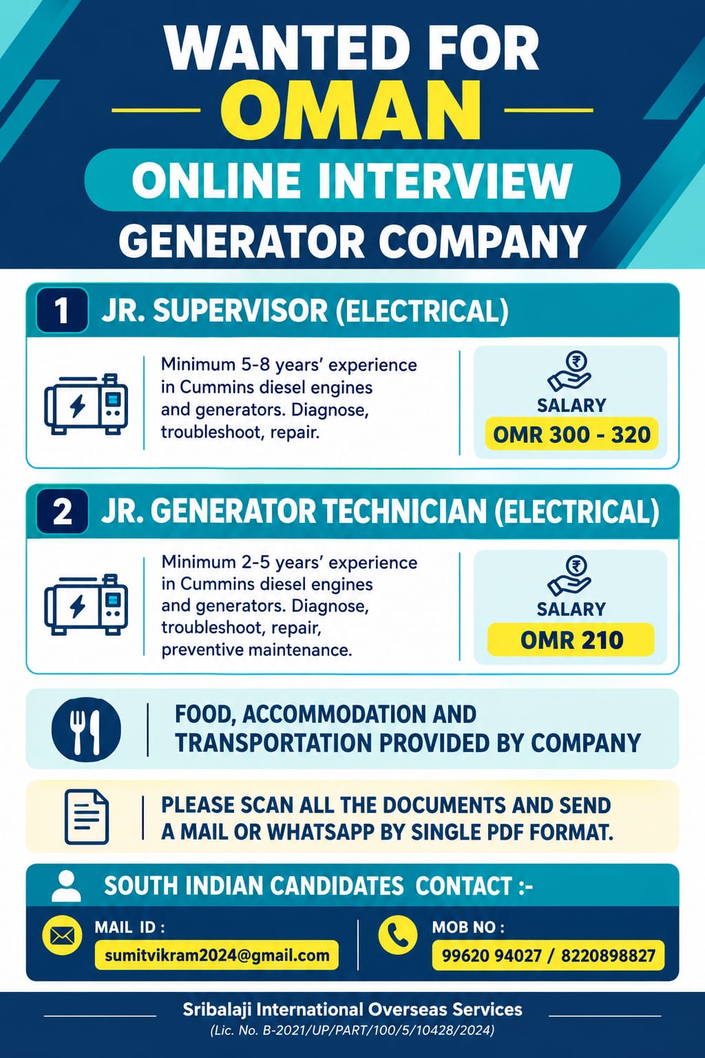 WANTED FOR OMAN  – ONLINE INTERVIEW                                         ( GENERATOR COMPANY  )