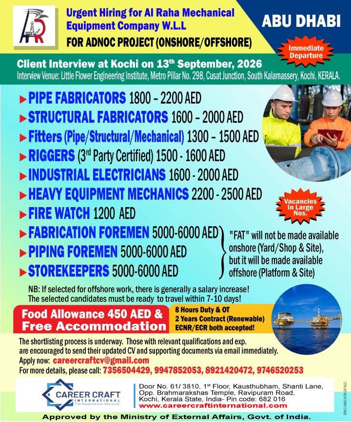DIRECT CLIENT INTERVIEW AT KOCHI ON 13TH SEPTEMBER, 2026 FOR KUWAIT