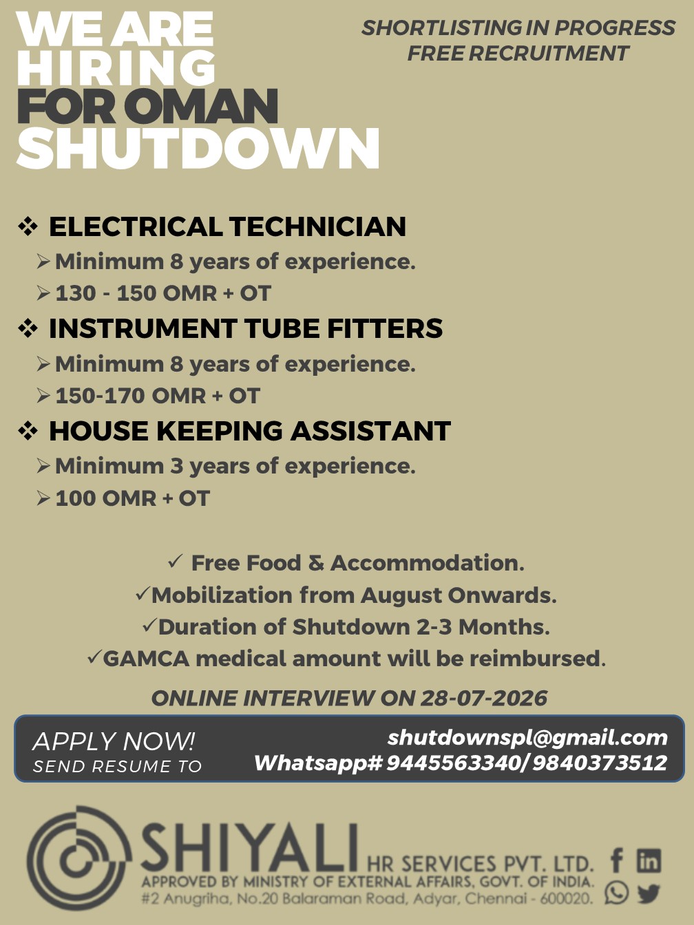 Oman Shutdown Project — SHIYALI HR SERVICES, Oman, Oman