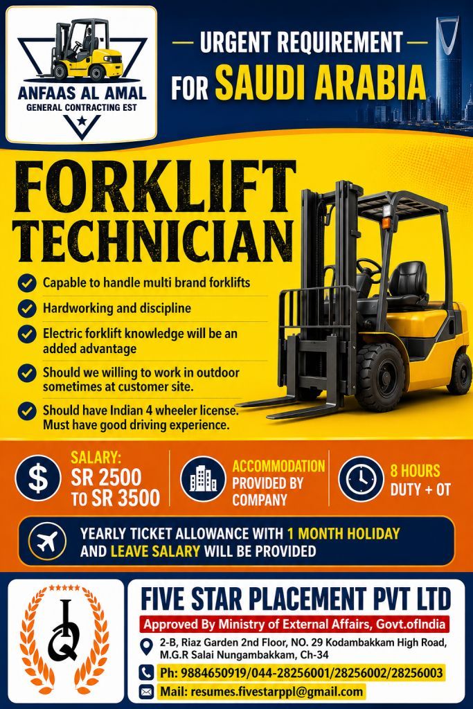FORKLIFT TECHNICIAN - SAUDI ARABIA — Five Star Placement Pvt Ltd, SAUDI ARABIA, SAUDI ARABIA