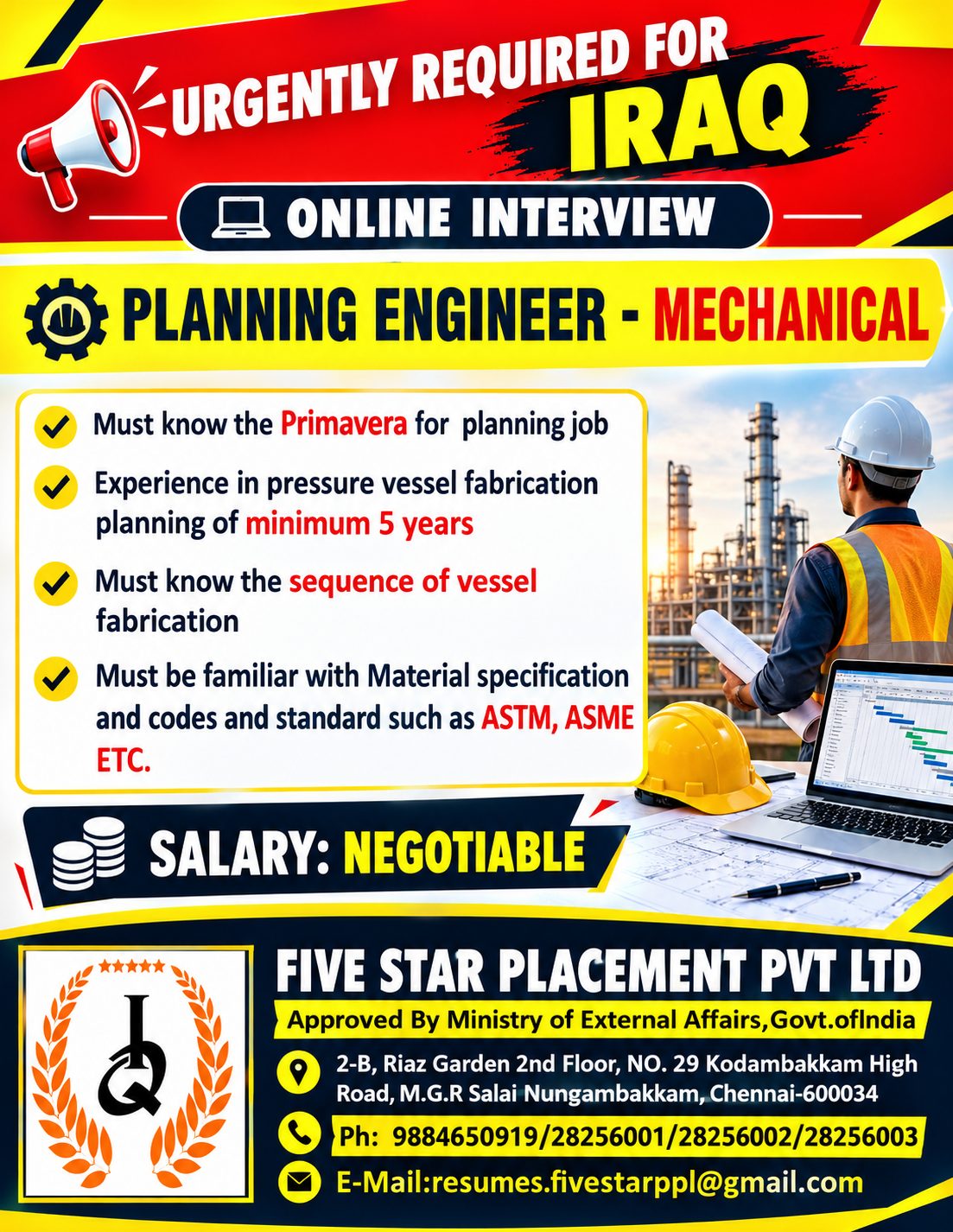 URGENTLY REQUIRED FOR IRAQ — Five Star Placement Pvt Ltd, IRAQ