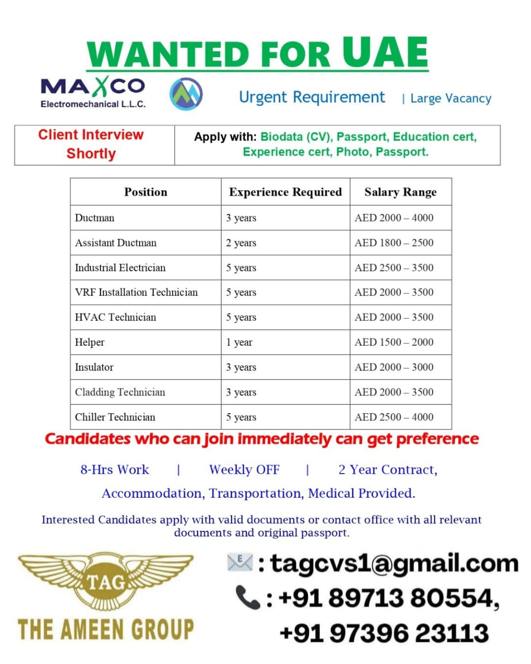 Urgently Required – Ductman, HVAC & MEP Technicians for Maxco Electromechanical L.L.C. – UAE — The Ameen Group, UAE, UAE