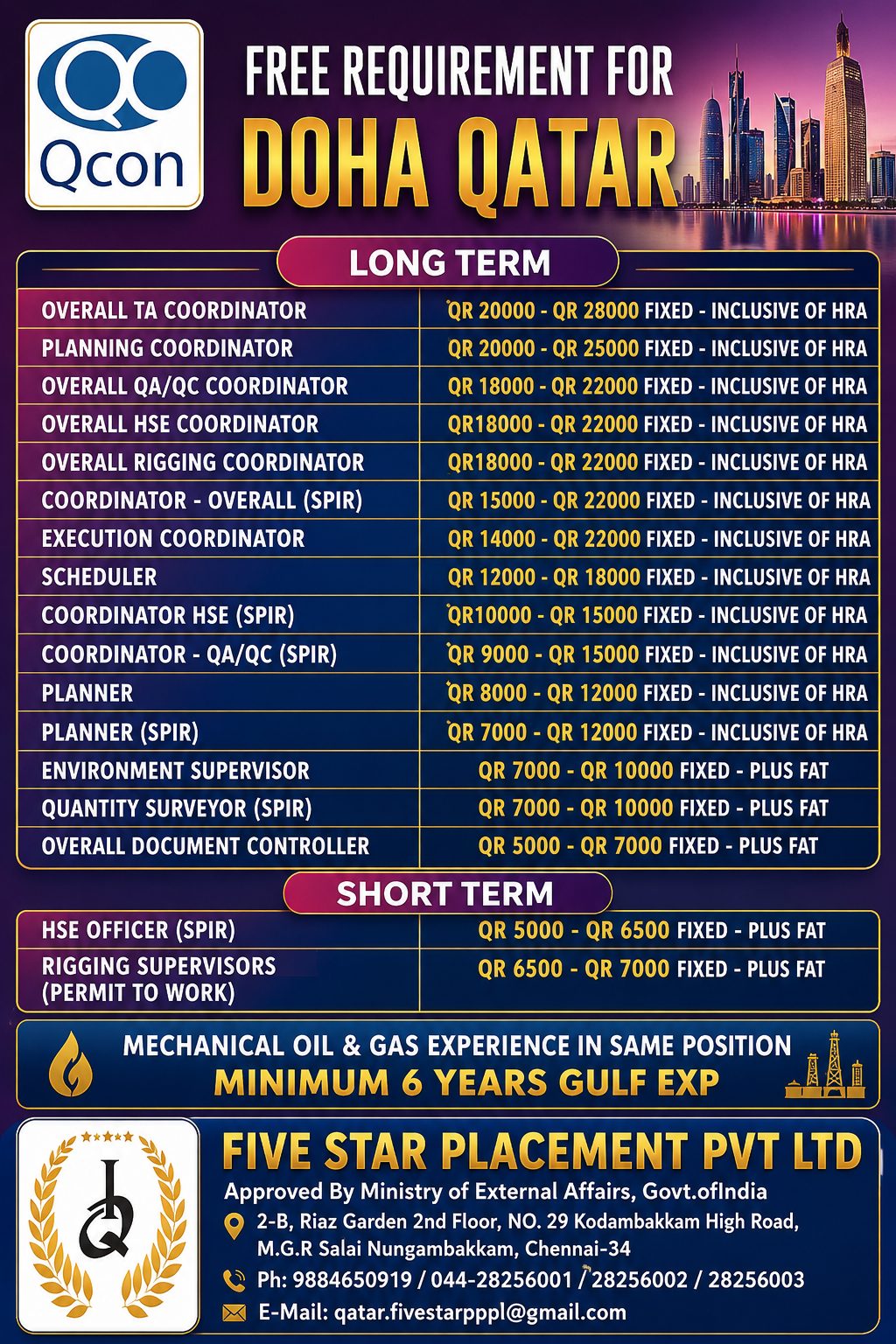 FREE REQUIREMENT FOR DOHA QATAR — Five Star Placement Pvt Ltd, DOHA QATAR, DOHA QATAR