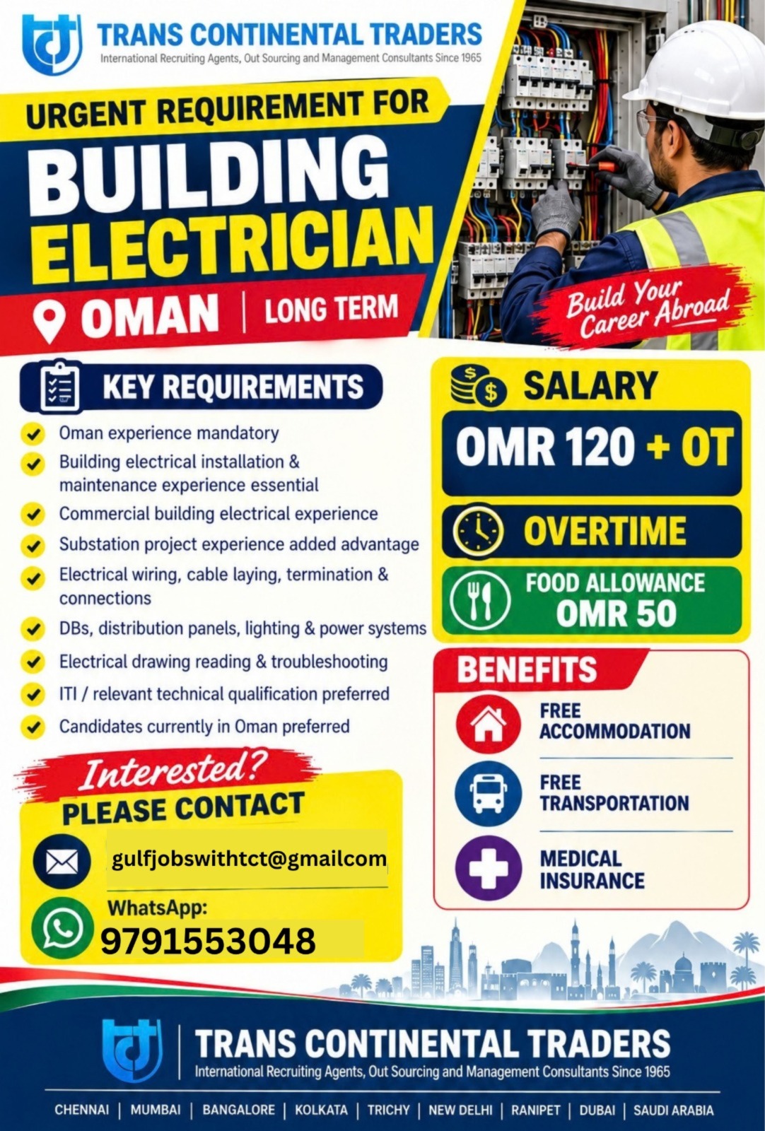 Building Electrician OMAN ONLINE INTERVIEWS SAME DAY OFFER IMMEDIATE FLIGHT CALL FOR MORE DETAILS 9791553948