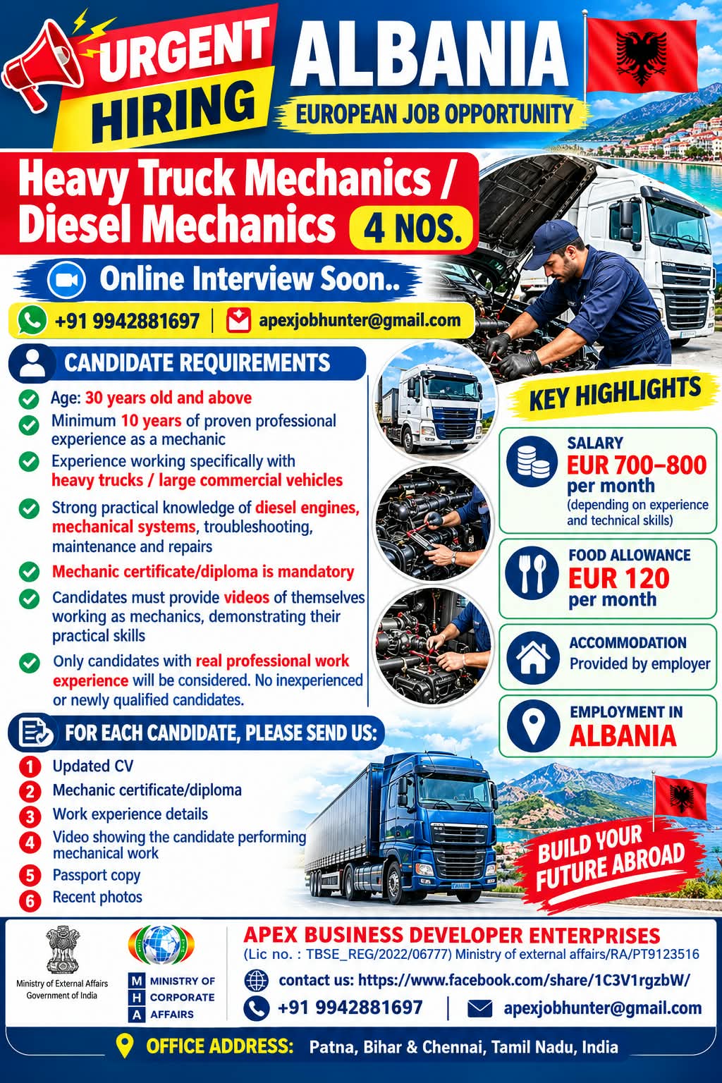 Heavy Truck Mechanics / Diesel Mechanics — Apex Business Developer Enterp, Albania
