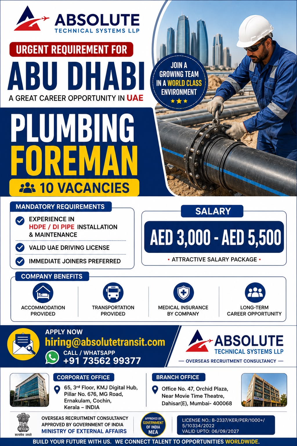 PLUMBING FOREMAN FOR ABU DHABI — Absolute Technical Systems LLP, ABU DHABI