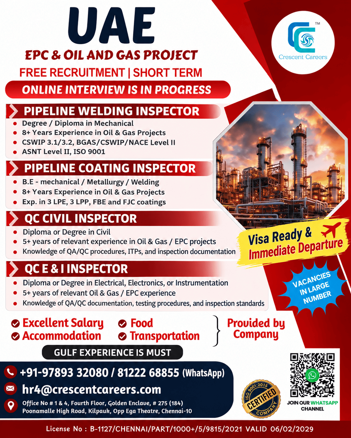 Pipeline Welding Inspector / Pipeline Coating Inspector / QC Civil Inspector / QC E&I Inspector — Crescent Careers, UAE, UAE