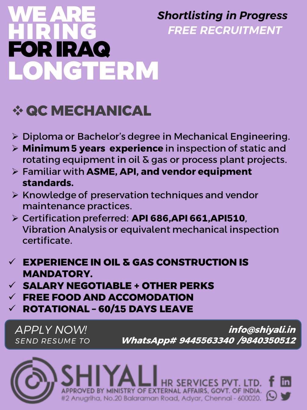 QC Mechanical Engineer - Iraq Longterm