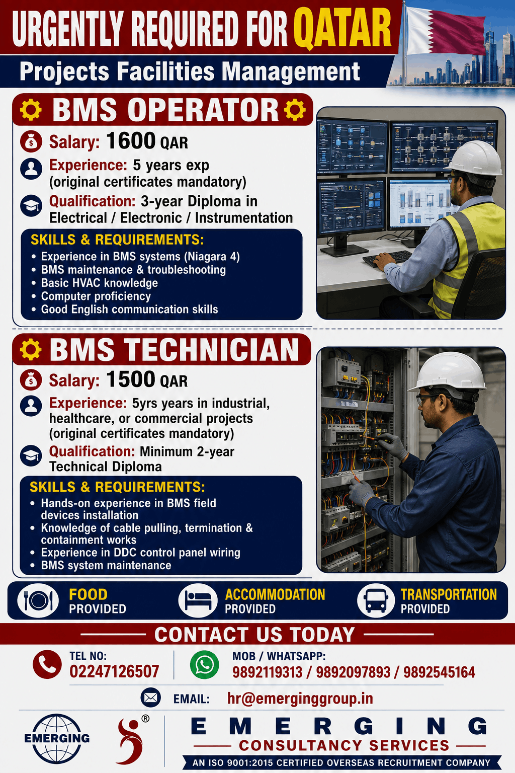 Urgent Hiring for Qatar – BMS Operator & BMS Technician (Projects Facilities Management)