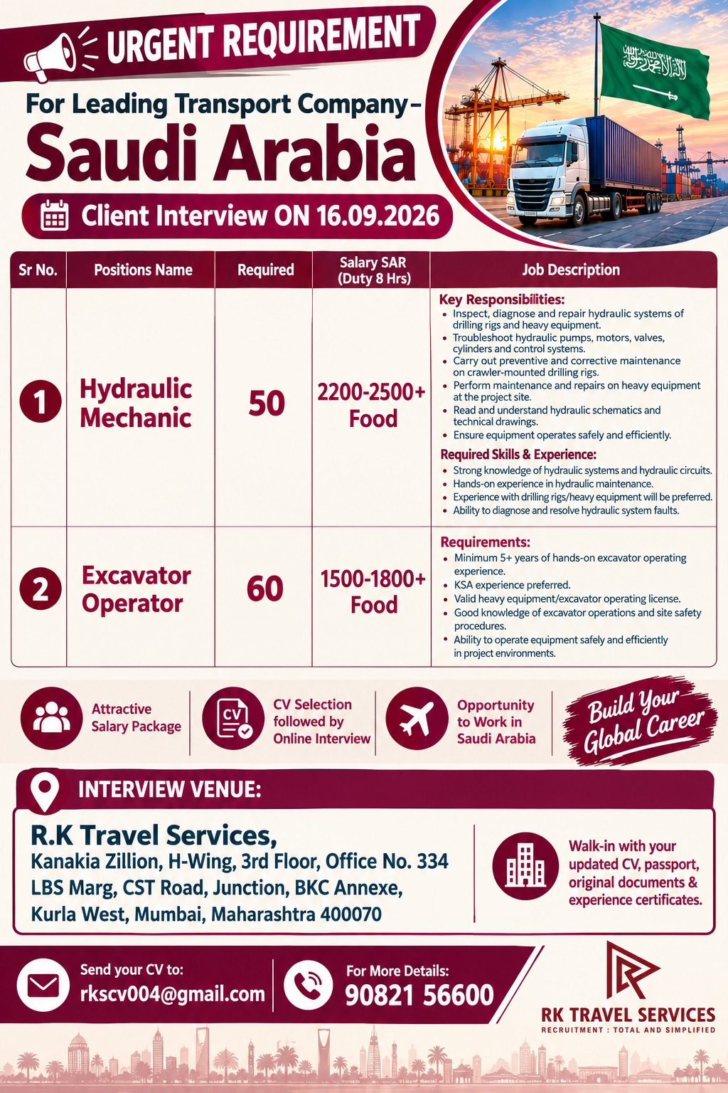 Urgent Requirement for Leading Transport Company - Saudi Arabia