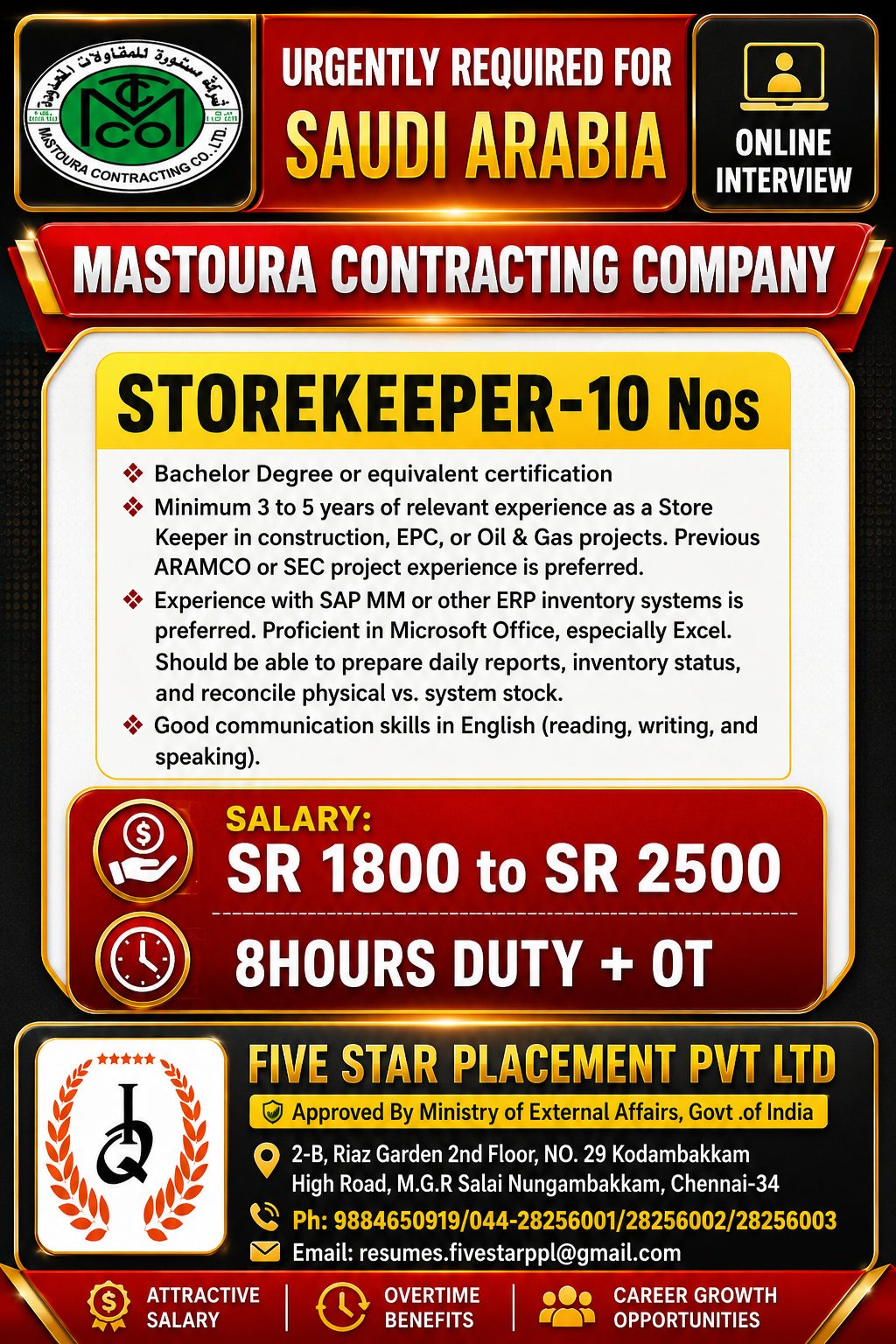 MASTOURA - STOREKEEPER — Five Star Placement Pvt Ltd, SAUDI ARABIA, SAUDI ARABIA
