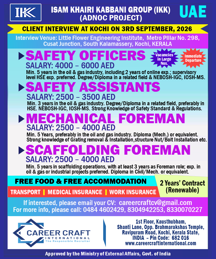 Direct Client Interview at Kochi on 3rd September, 2026 for IKK Group, UAE -