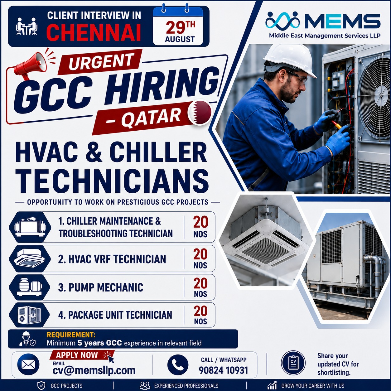 HVAC & CHILLER TECHNICIANS – 80 VACANCIES
