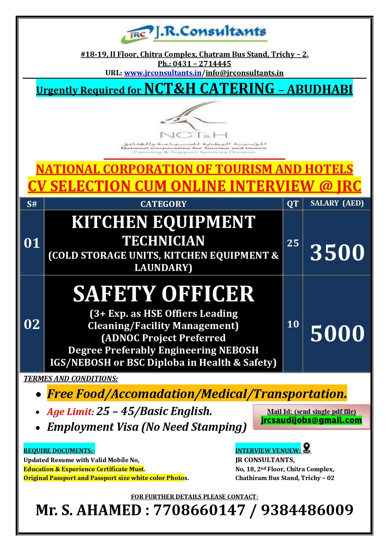 SAFETY OFFICER AND KITCHEN EQUIPEMENT OFFICER — JR CONSULTANTS, UAE, UAE