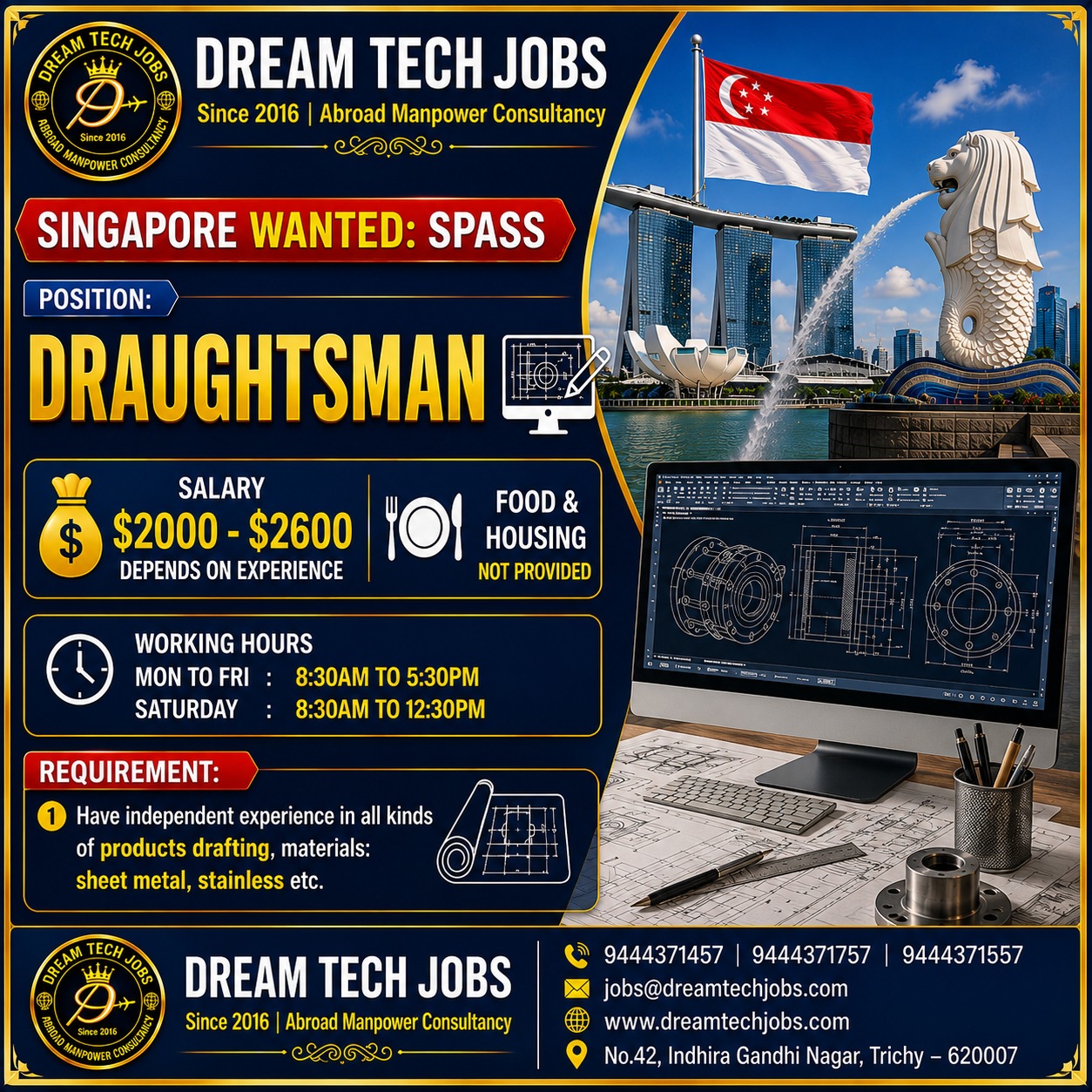 Draughtsman — DREAM TECH JOBS -TRICHY, Singapore, Singapore