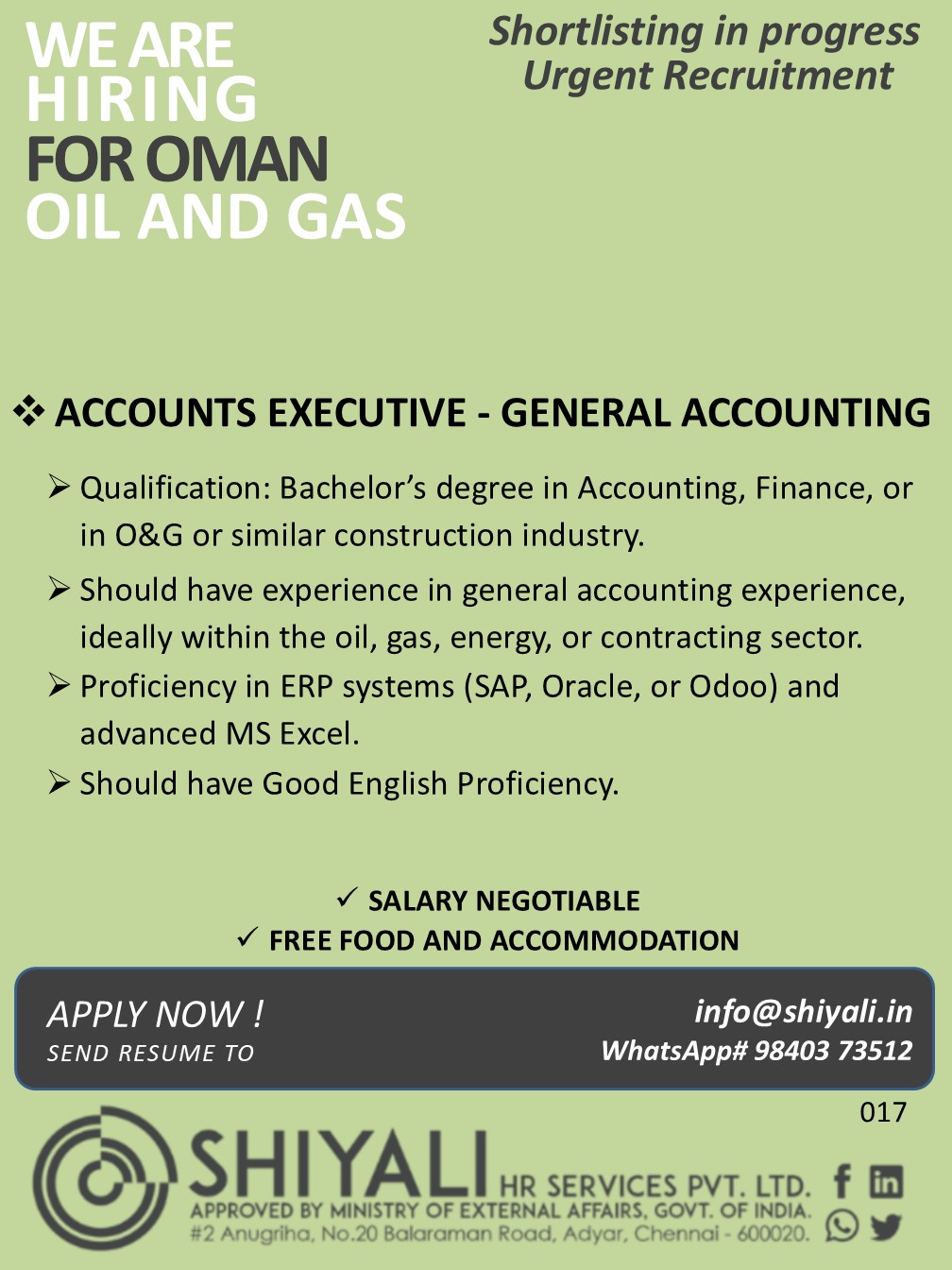 Accounts Executive - General Accounting — SHIYALI HR SERVICES, Oman