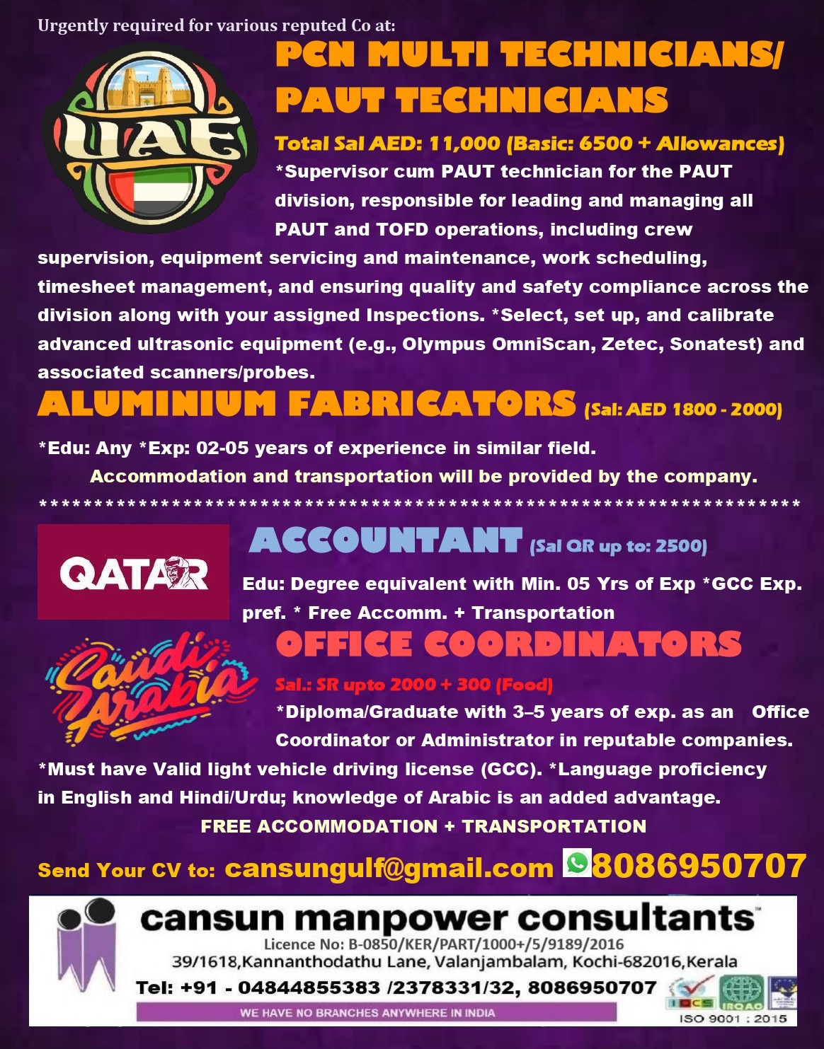 Urgently required for UAE, QATAR & KSA