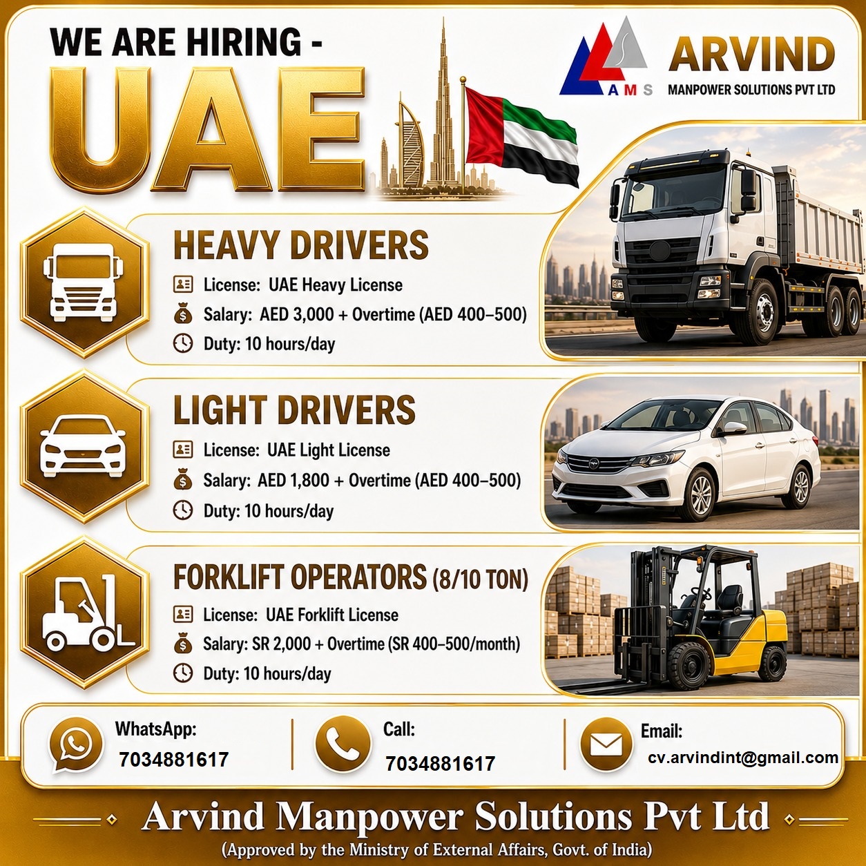 Heavy Driver, Light Driver , Forklift operator — ARVIND MANPOWER SOLUTIONS PVT LTD, UAE, UAE