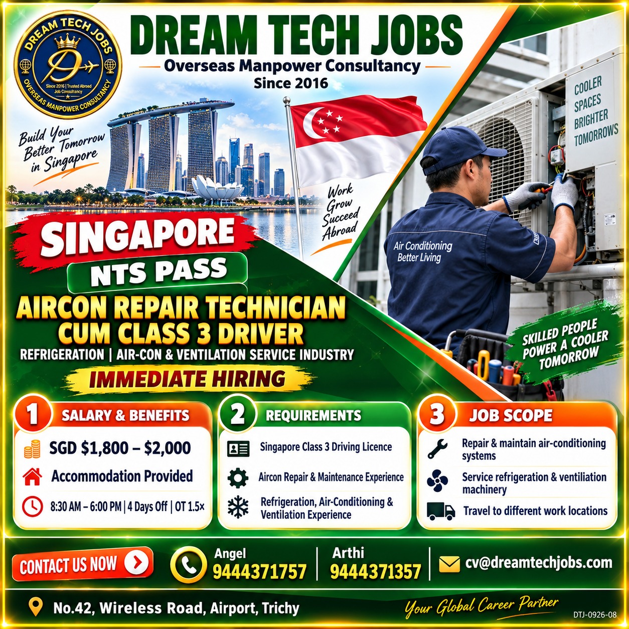 Aircon Repair Technician cum Class 3 Driver — DREAM TECH JOBS -TRICHY, Singapore