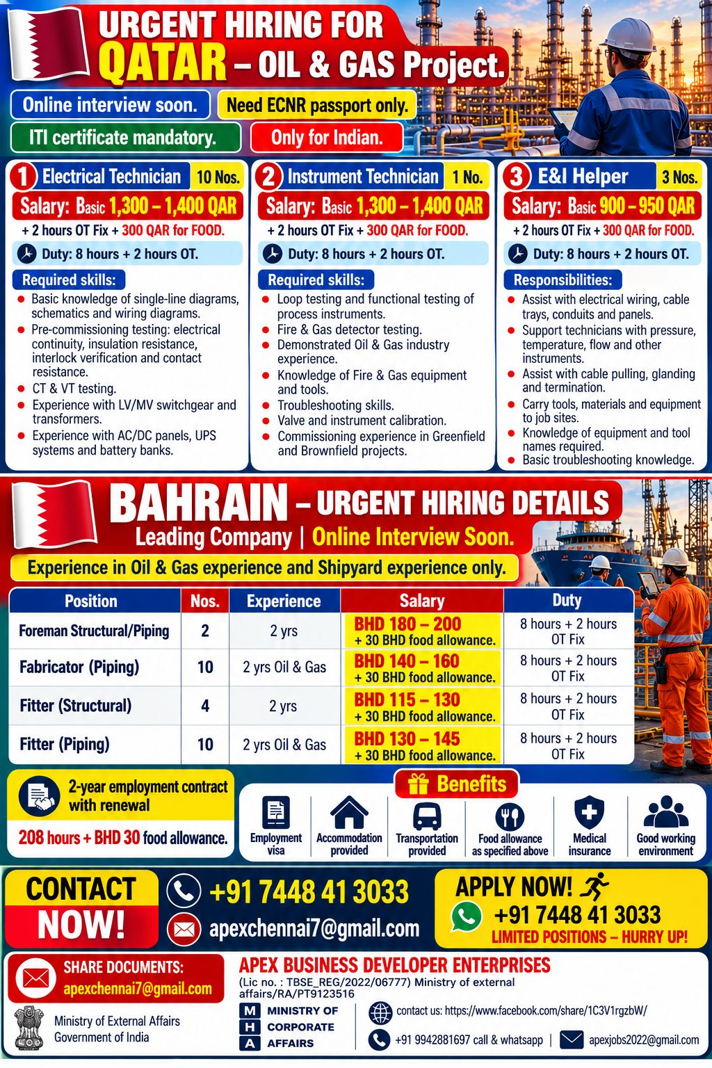 Urgent Hiring for Qatar Oil & Gas Project and Bahrain Oil & Gas Project