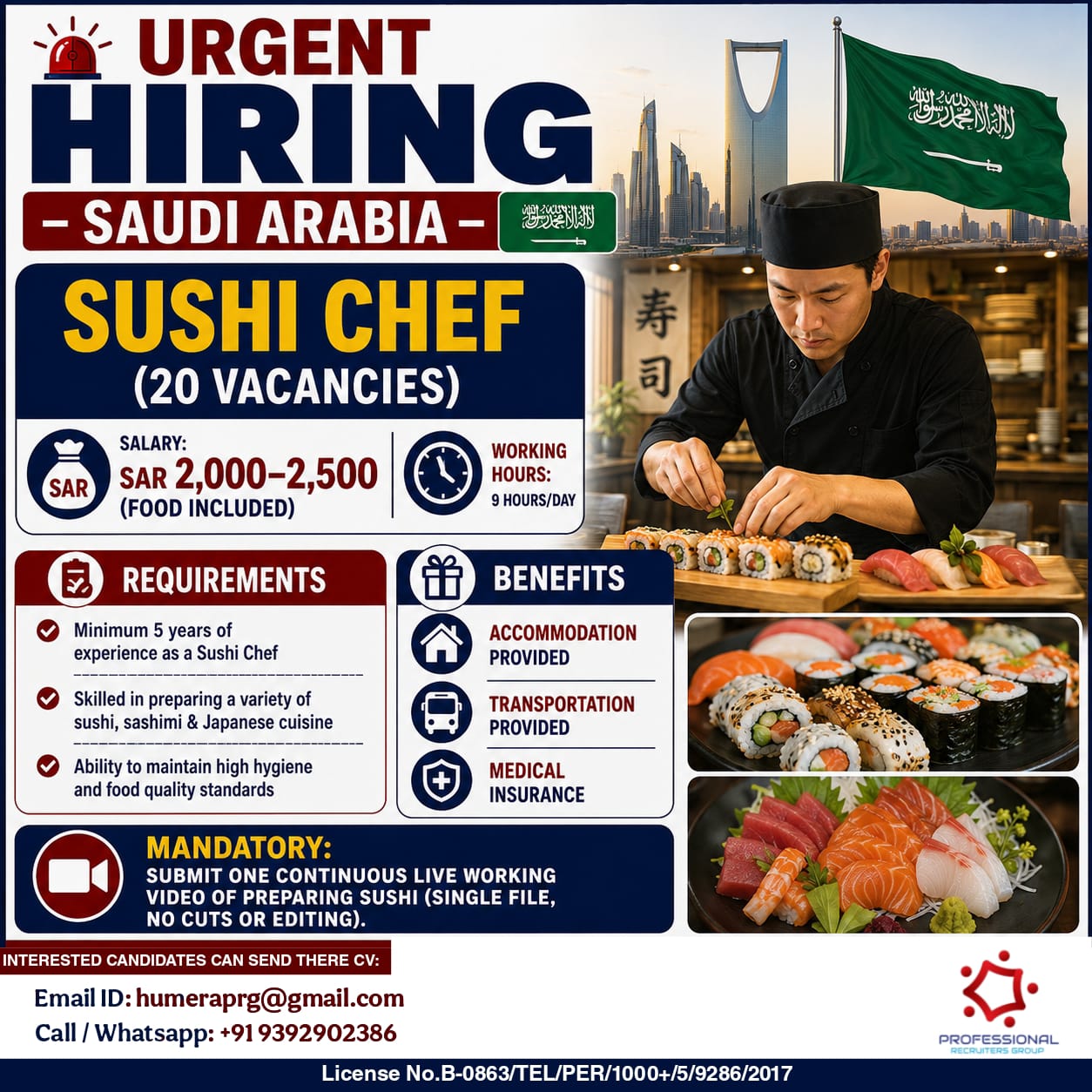 Urgently Hiring Sushi Chef for Saudi Arabia